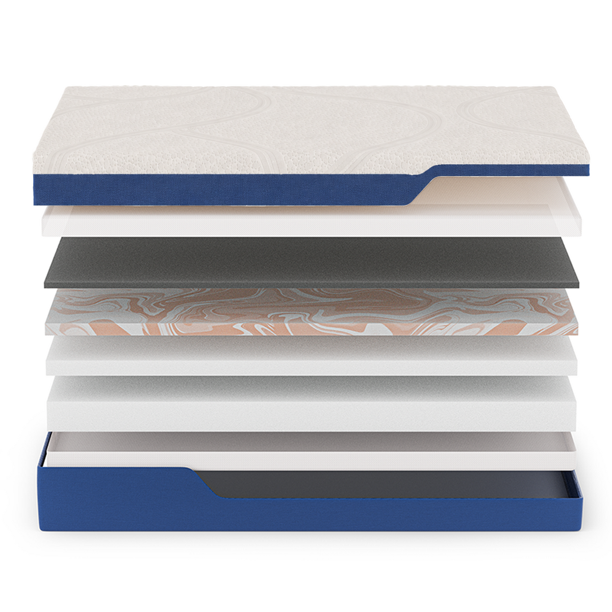 Exploded Aria view showing its cotton cover, latex comfort layer and foam support layers