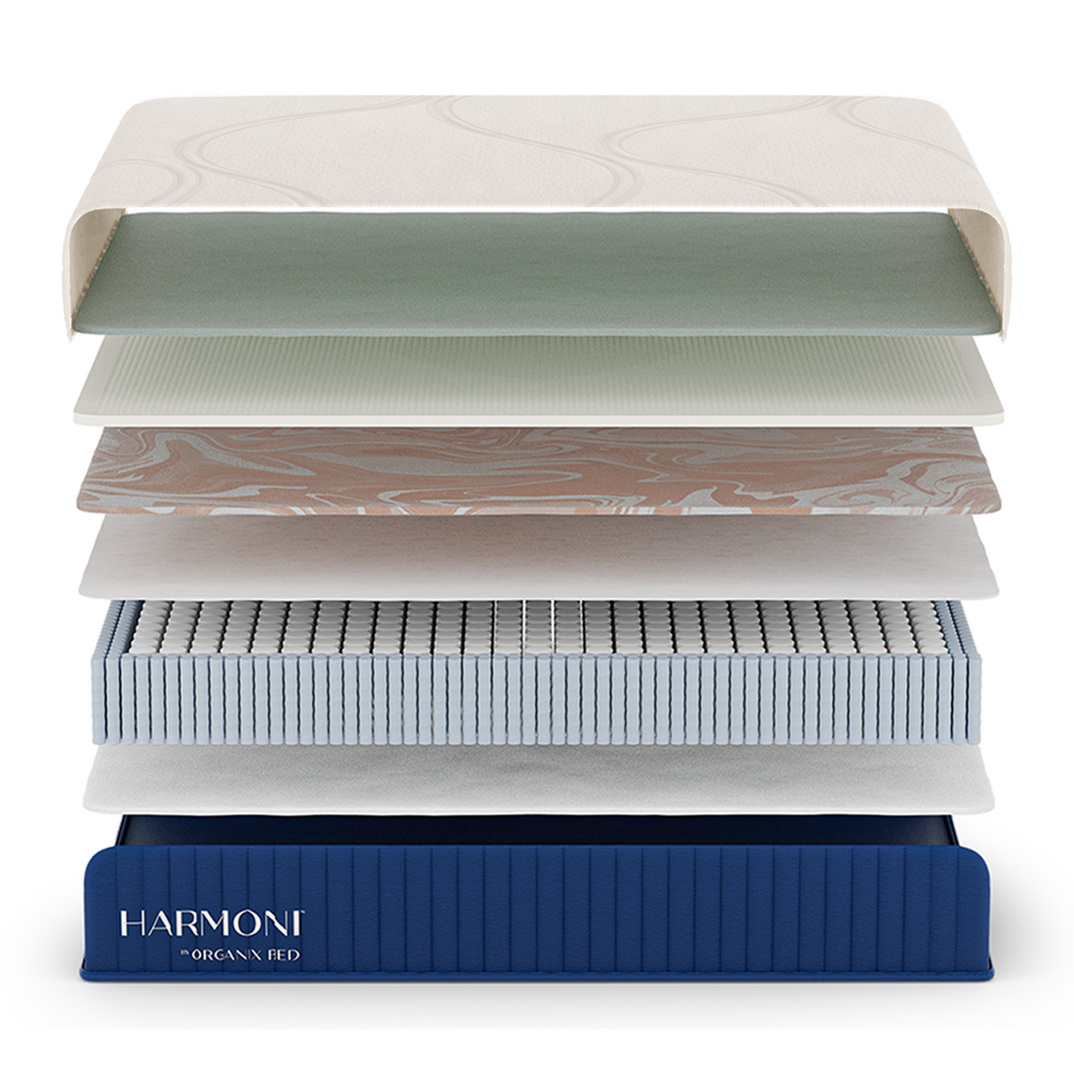 Exploded Harmoni view showing its cotton cover, comfort layers, individual pocket coils and base