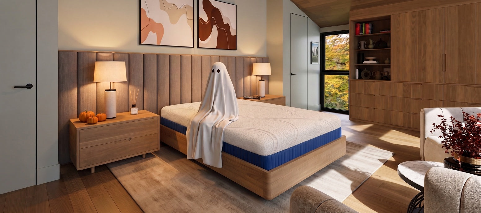 A friendly bedsheet ghost sitting on a Tranquiliti mattress in a bedroom with pumpkins.